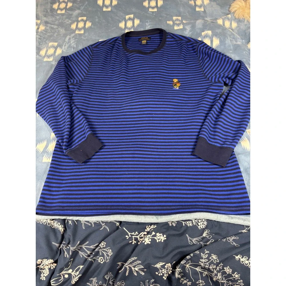 Polo Ralph Lauren Mens XL Blue Striped Waffle Knit Polo Bear Sleepwear Top 6951